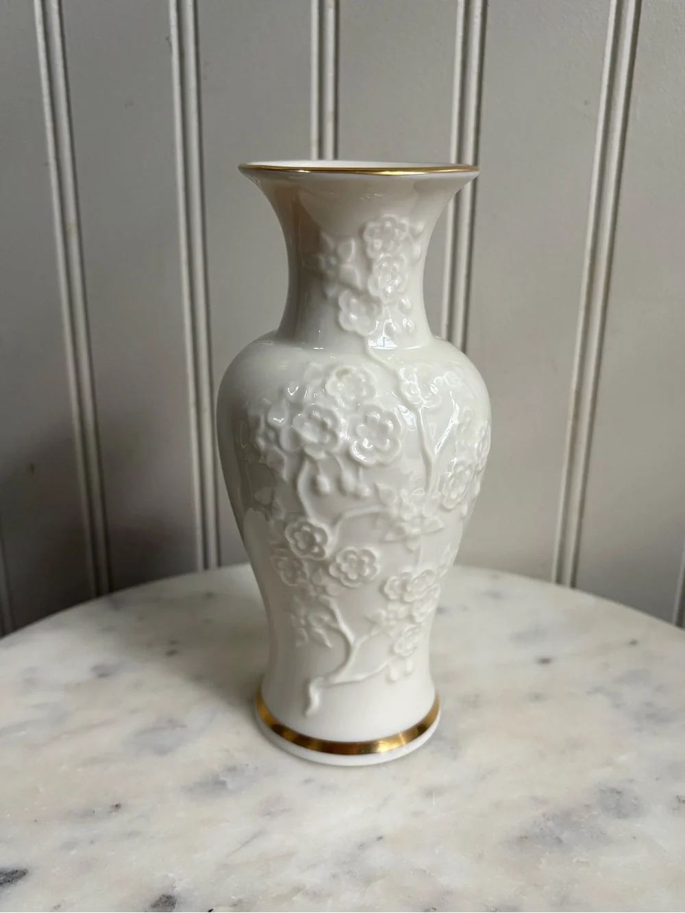 Vintage Lenox Ming Blossom Ivory Porcelain Bud Vase Embossed Floral 24k Gold VTG